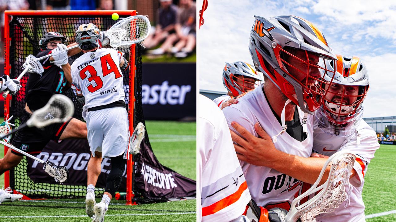Split image of Ryan Terefenko's last-second shot and then Terefenko celebrating with Logan McNaney after it was rule a goal upon review, as the Denver Outlaws defeated the Maryland Whipsnakes at Ohio State Lacrosse Stadium in Columbus, Ohio.