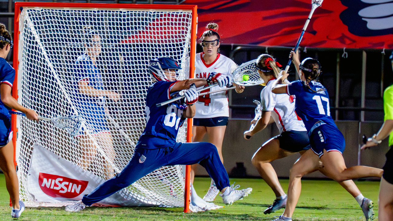 USA goalie Shea Dolce makes a save against Canada in the World Lacrosse Women's Championship gold medal game at Prince Chichibu Memorial Stadium in Tokyo, Japan.