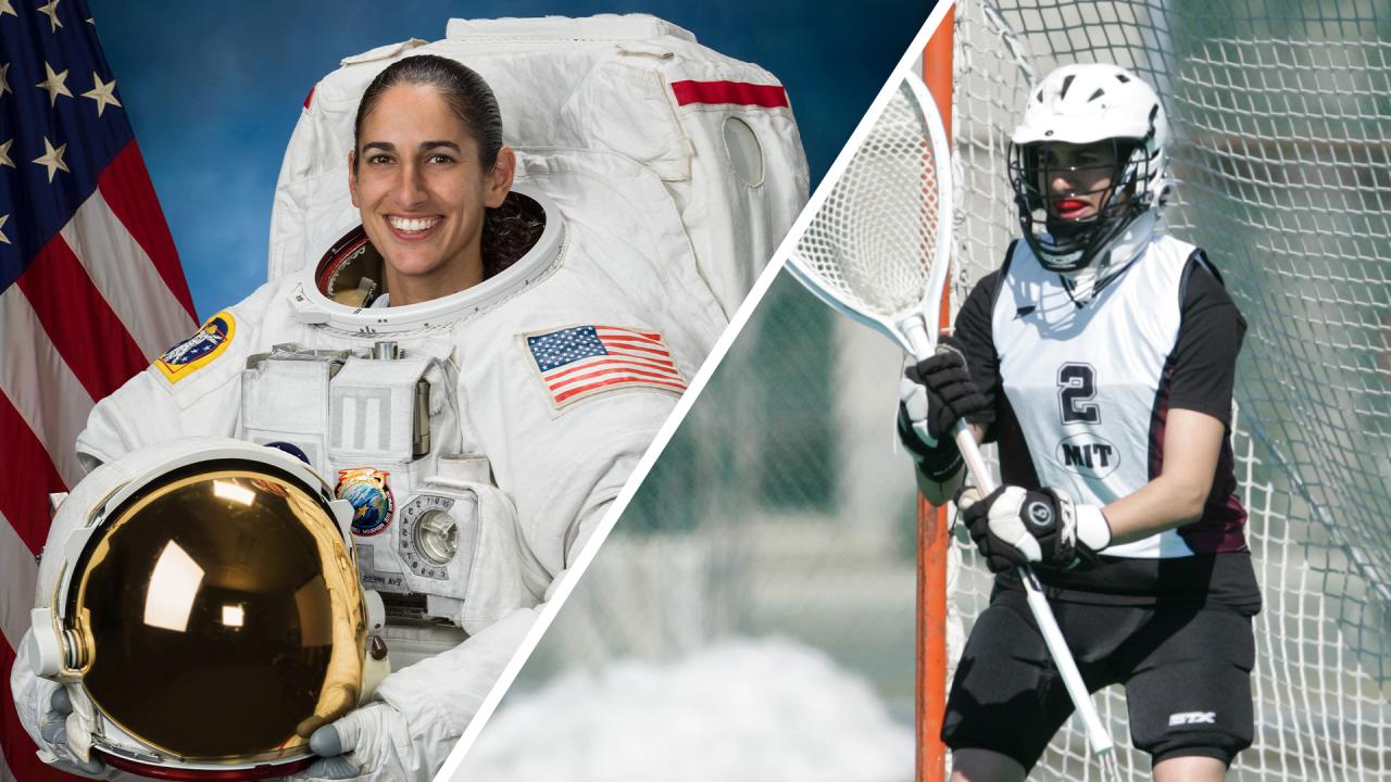 Jasmin Moghbeli present-day as an astronaut and in the past as a goalie at MIT