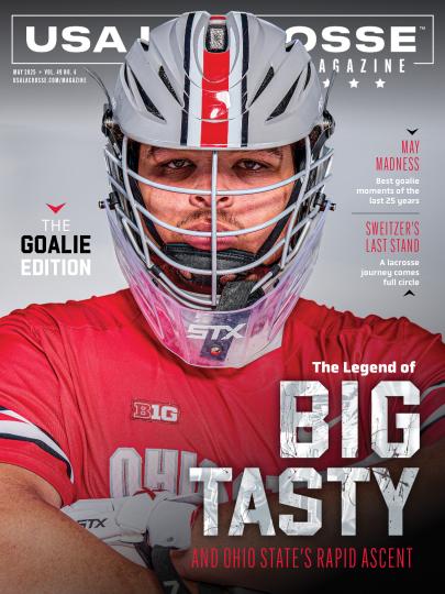 USA Lacrosse Magazine May 2025 cover featuring portrait of Ohio State goalie Caleb Fyock
