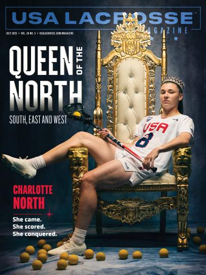 USA Lacrosse Magazine July 2025 edition featuring Charlotte North on the cover, sitting across a gold throne at USA Lacrosse