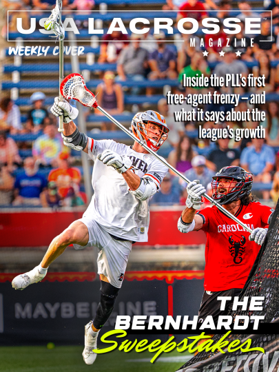 USA Lacrosse Magazine weekly cover featuring image of Denver Outlaws attackman Jared Bernhradt attempting a leaping shot from behind the cage in his PLL debut.