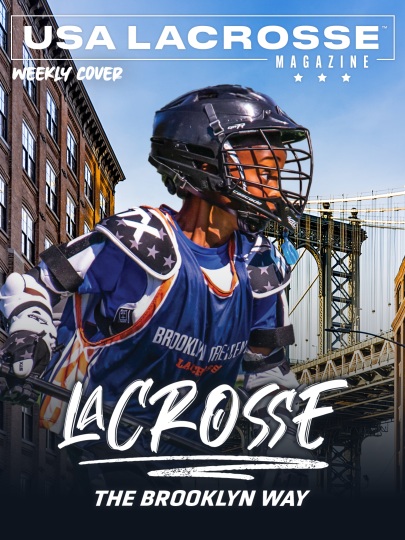 Weekly Cover with text reading Lacrosse, the Brooklyn Way; action photo of Brooklyn Crescents lacrosse player composited with stock image of Brooklyn Bridge