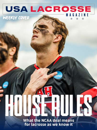 Utah lacrosse player Mikey Crane tugs at his jersey with the NCAA logo adjacent to his hand during the national anthem preceding the Utes' 2024 NCAA tournament game at Duke.