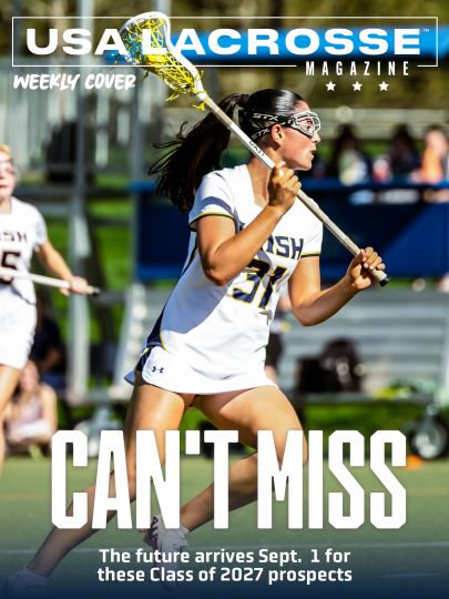 USA Lacrosse Magazine Weekly Cover featuring action photo of Academy of Notre Dame (Pa.) midfielder Riley Davis
