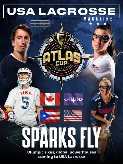 USA Lacrosse Magazine Weekly Cover featuring cutout images of U.S. National Team athletes Connor Shellenberger, Charlotte North, Chloe Humphrey and Colin Kirst with Atlas Cup logo and the headline "Sparks Fly."
