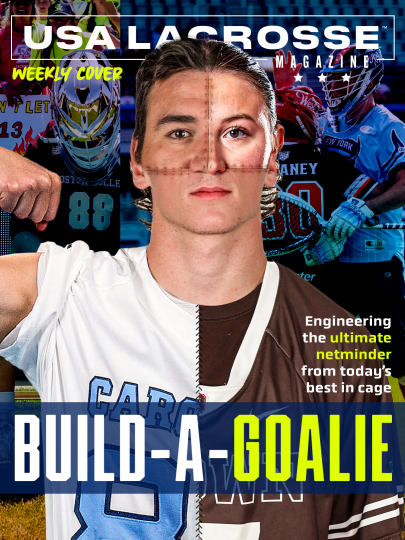 Weekly Cover featuring composite graphic of various college and professional lacrosse goalies stitched together like Frankenstein