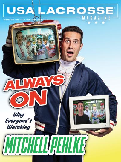 New media meets vintage tech with Mitchell Pehlke wielding both on the cover of the November edition of USA Lacrosse Magazine