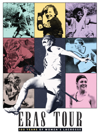 Collage of women's lacrosse images from the last century with text that reads Eras Tour: 100 Years of Women's Lacrosse in the United States