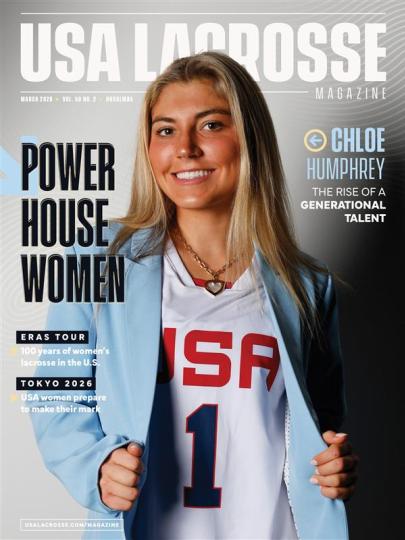 cover of usa lacrosse magazine march edition with chloe humphrey wearing a white usa jersey and carolina blue blazer