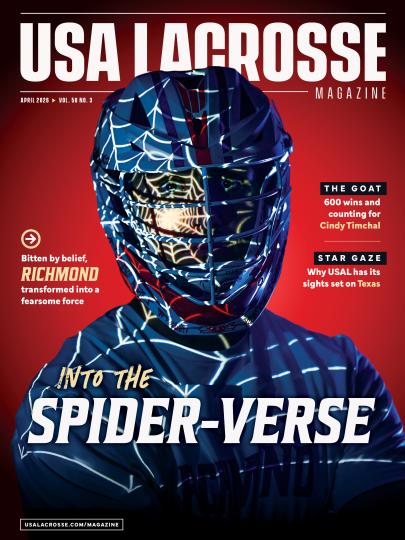 USA Lacrosse Magazine April 2026 cover featuring Richmond midfielder Joe Sheridan stares down a spotlight projecting a spider web into his face mask