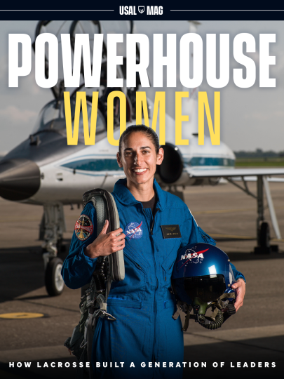 USA Lacrosse Magazine digital spotlight featuring NASA astronaut and former MIT women's lacrosse player Jasmin Moghbeli in her flight suit and adjacent to the text Powerhouse Women