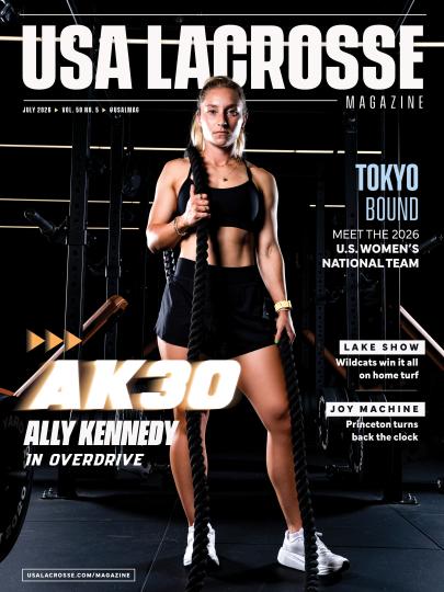 Ally Kennedy with battle ropes during a photo shoot at The Yard Gym in Annapolis, Md., the week of her WLL debut with the Maryland Charm. Image featured on cover of July 2026 edition of USA Lacrosse Magazine.