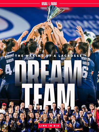 USALMAG social media graphic with U.S. Women's National Team players hoisting world championship trophy and posing for celebratory photo at Prince Chichibu Memorial Stadium in Tokyo, Japan