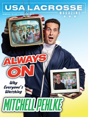 New media meets vintage tech with Mitchell Pehlke wielding both on the cover of the November edition of USA Lacrosse Magazine