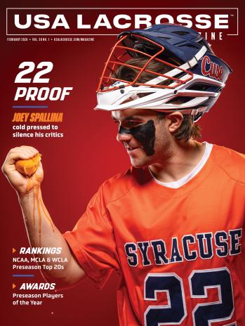 USA Lacrosse Magazine February 2026 edition cover featuring Syracuse No. 22 Joey Spallina crushing orange in his hand