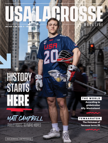 USA Lacrosse Magazine May 2026 edition cover featuring pro lacrosse player Matt Campbell pictured on Broad Street in Philadelphia in a portrait wearing his U.S. National Team uniform and holding his equipment