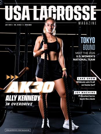 USA Lacrosse Magazine July 2026 edition cover featuring Ally Kennedy with battle ropes during a photo shoot at The Yard Gym in Annapolis, Md., the week of her WLL debut with the Maryland Charm.