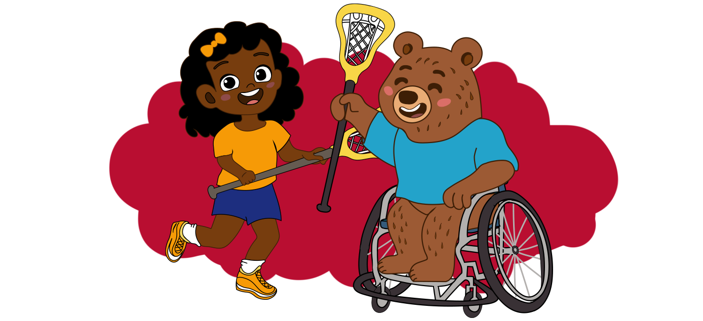 Drawing of young girl lacrosse player with a bear in a wheelchair holding a stick