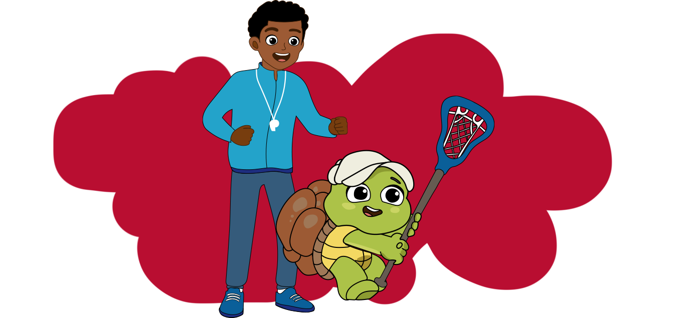 Drawing of a lacrosse parent and a turtle holding a lacrosse stick